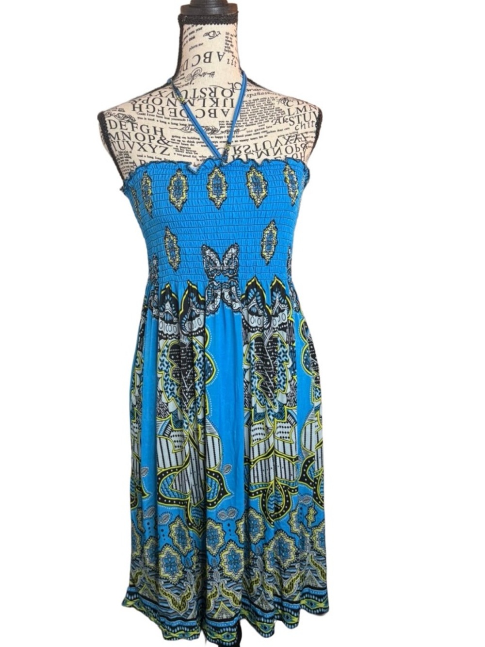 Chesley Retro Y2K Paisley Beaded Halter Boho Smocked Midi Dress L/XL